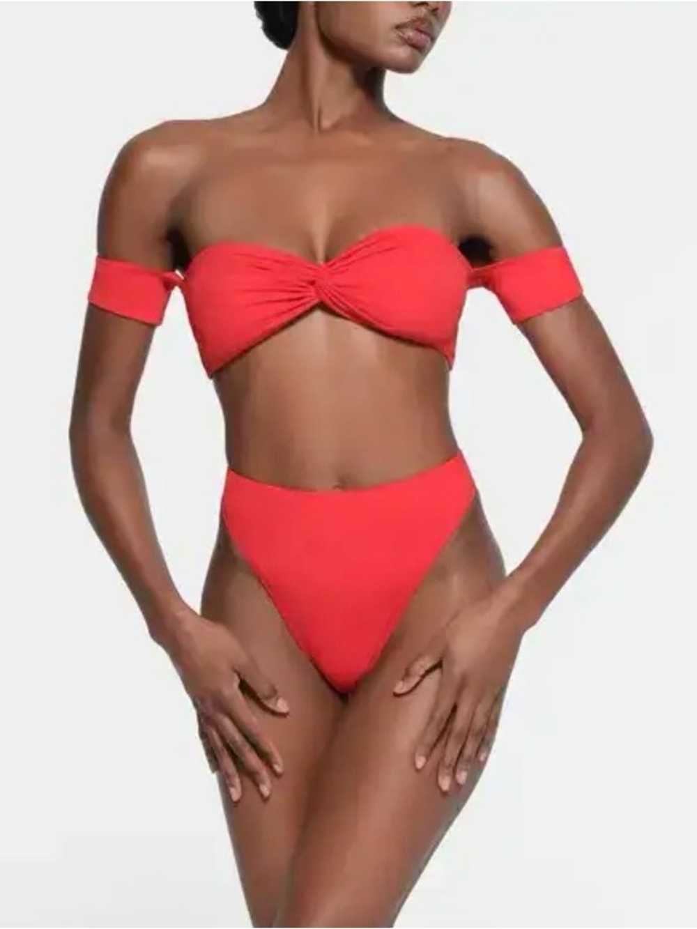 Skims 2Pc SET Twisted Off-Shoulder Bikini Top & Mid Waist Bottoms Ruby Red M